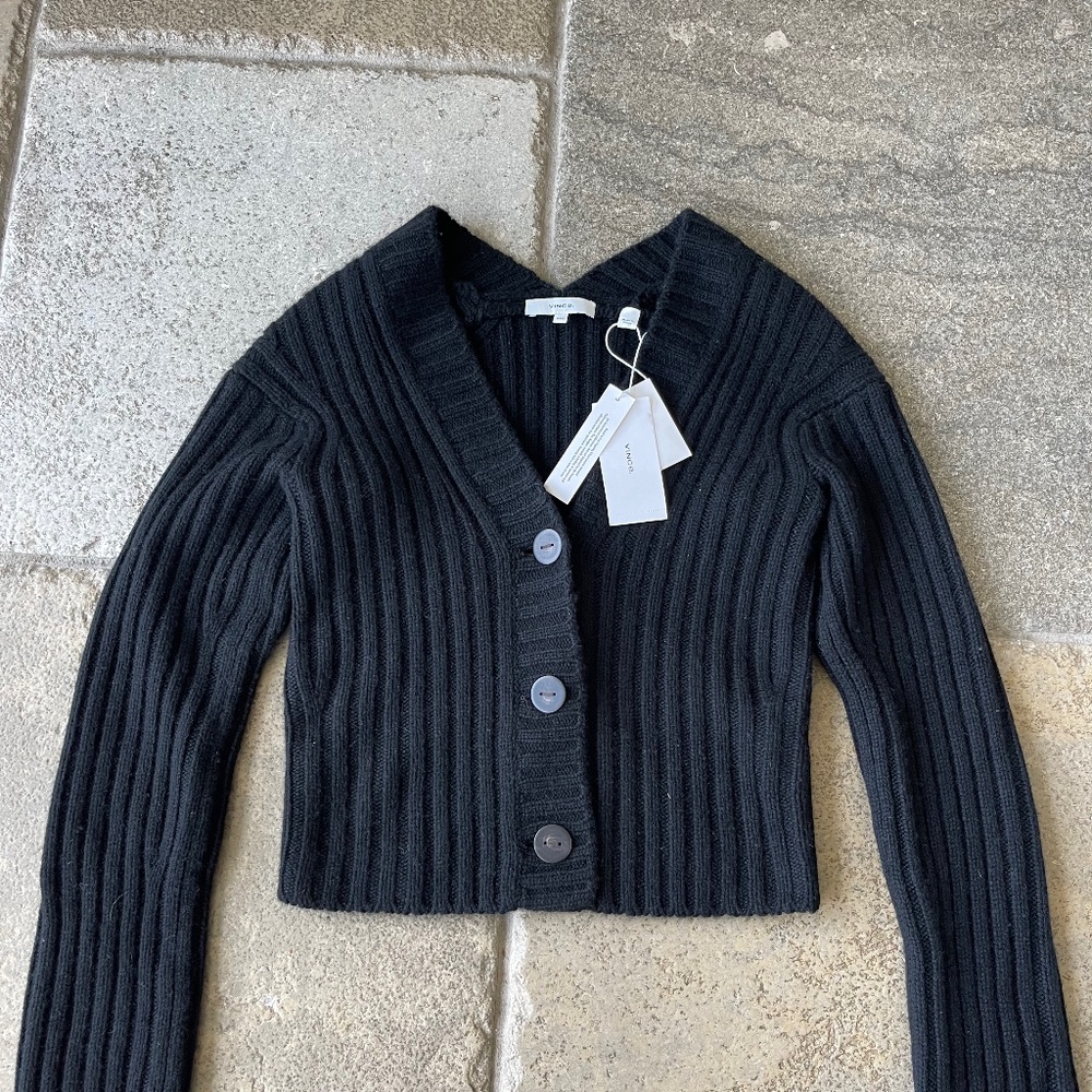 NWT Vince Cropped Ribbed Black Cardigan Size XXS 68% Wool, 29% Cashmere